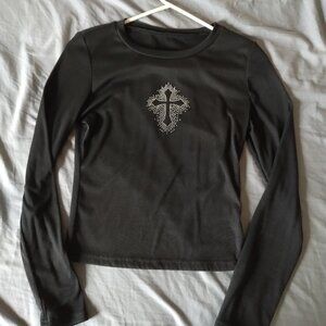 Black long sleeve SHIEN shirt with a sparkly cross size medium.